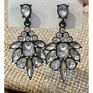 Whimsigoth Dangle Drop Earrings Womens Large Black Tone Crystal Rhinestone Post
